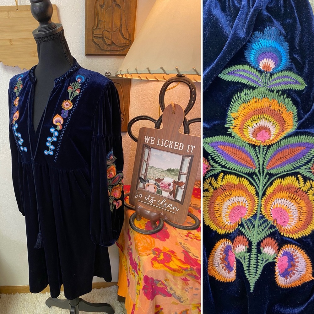 Anthropologie Velvet Balloon-Sleeve Shift Dress Blue XS Floral Embroidered Boho